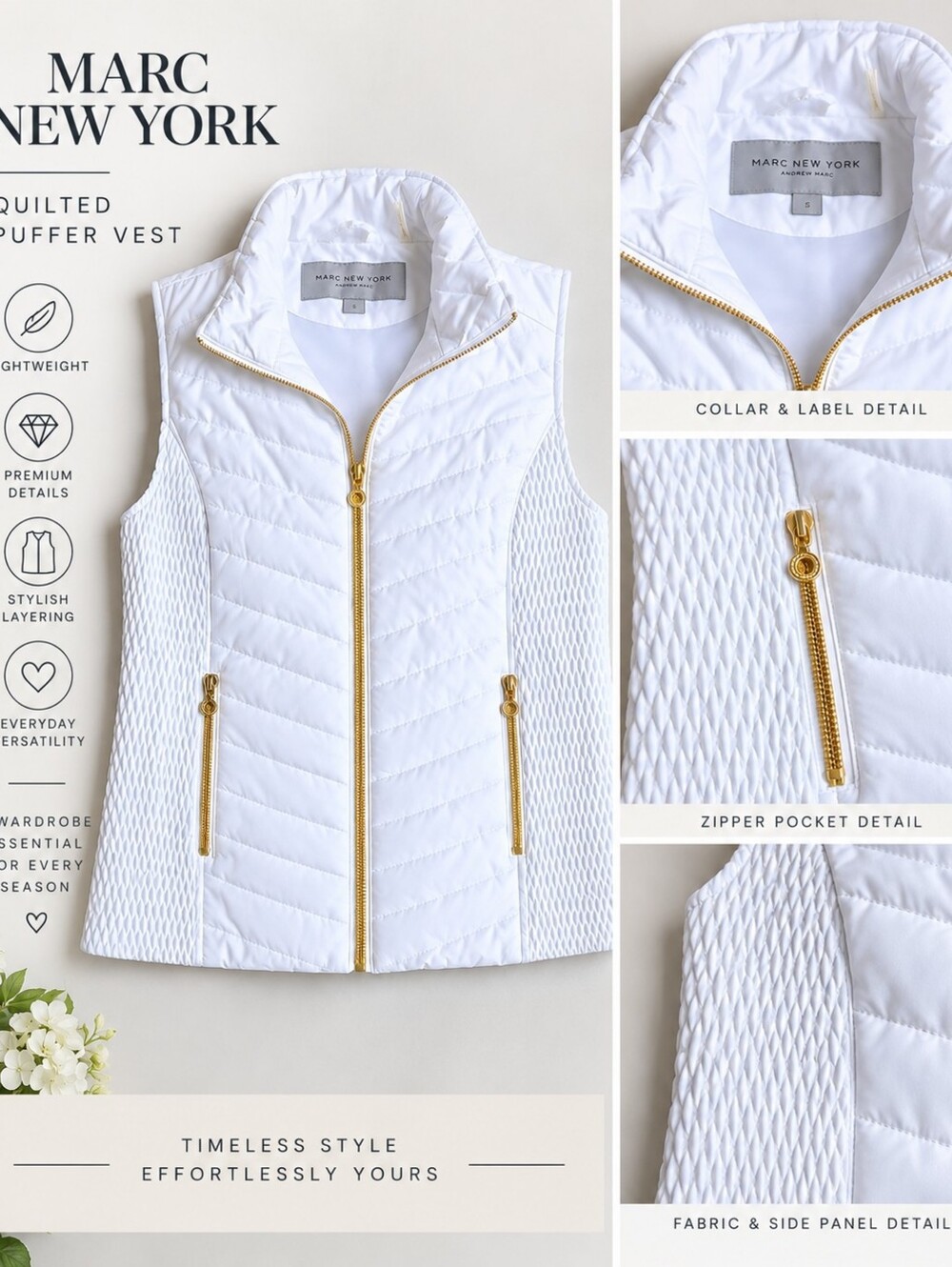 New! Marc New York Quilted Puffer White Vest Size Small
